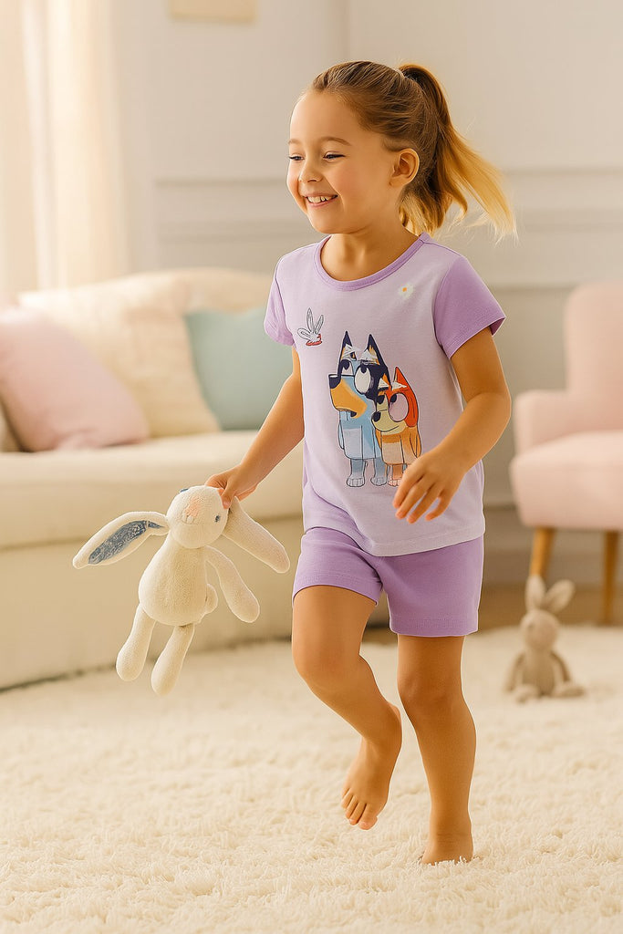 Bluey 4-Piece Girls Pajama Set with 2 Short Sleeve Tops & 2 Shorts Featuring Bluey & Bingo – Toddler Sizes 2T–4T