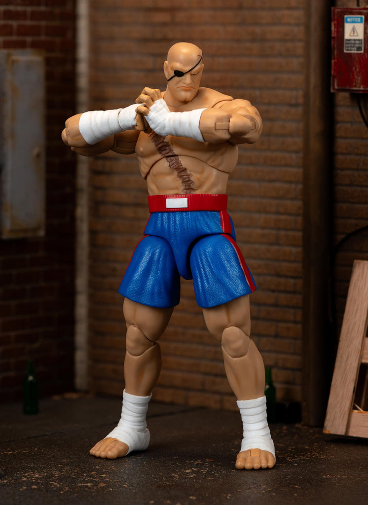Jada Street Fighter II Sagat Deluxe 1:12 Scale Action Figure - Highly Articulated, Tiger Shot Accessory & Stand, 7.6" Tall