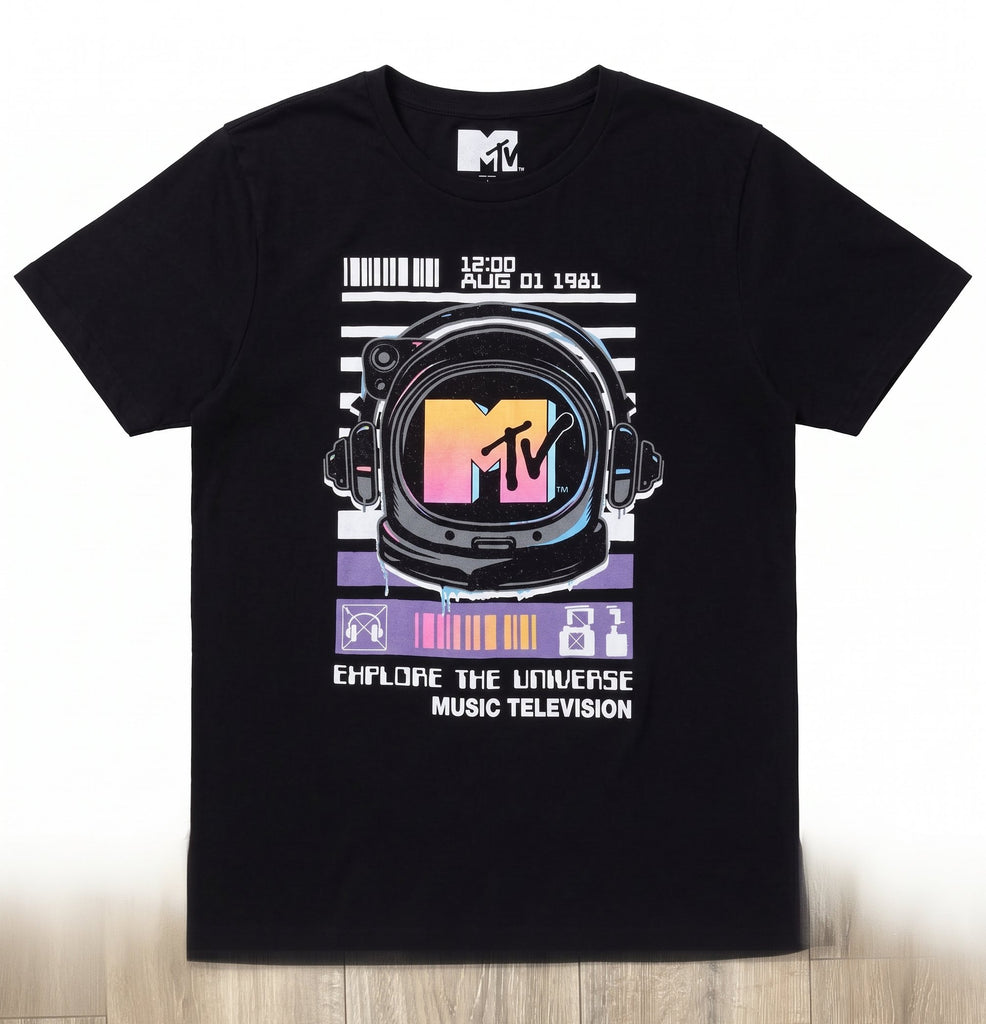 MTV Men's Short Sleeve T-Shirt – Retro TV "Explore the Universe" Graphic Tee – Black