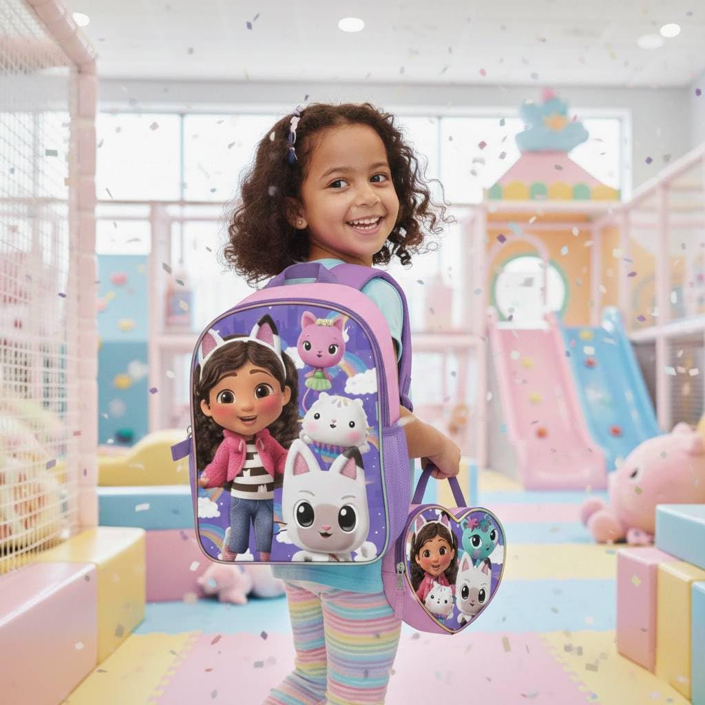 Fast Forward Gabby's Dollhouse 16" Backpacks With Lunch Bag - Licensed Characters Kids Schoolbag