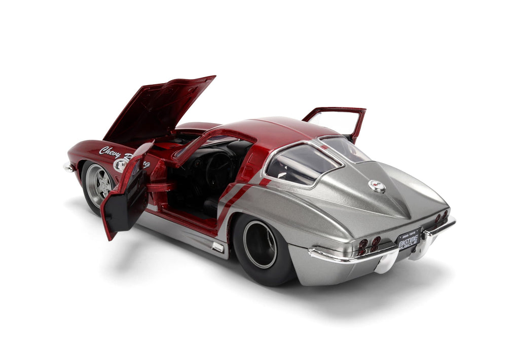 Jada Toys Bigtime Muscle 1:24 1963 Chevy Corvette Die-cast Car – Opening Doors, Hood, Trunk, Rubber Tires(Candy Red/Grey)