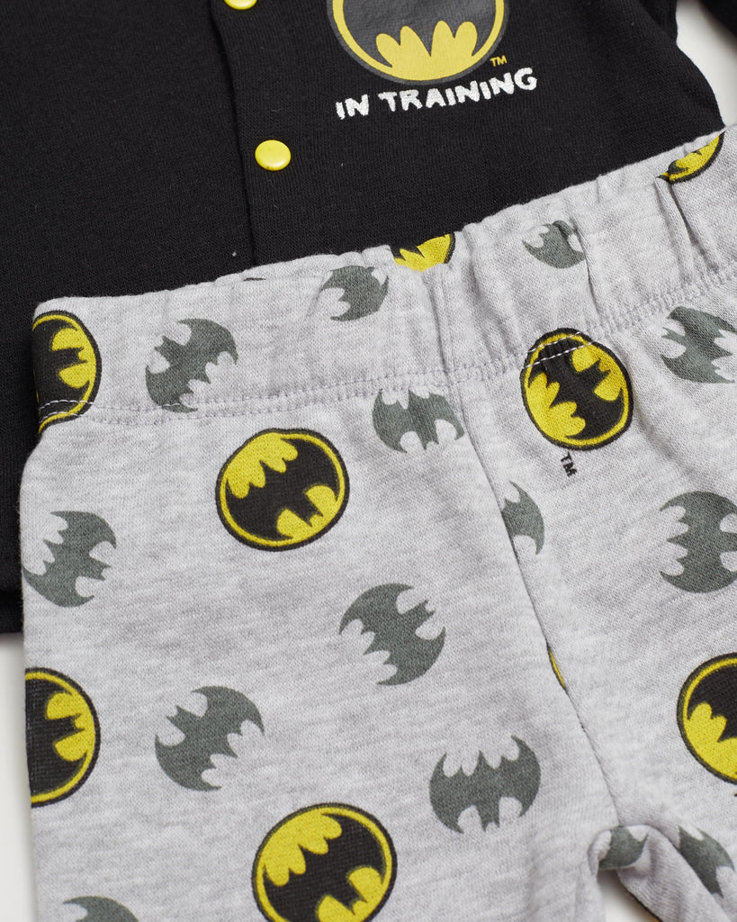 BATMAN Baby Boys Outfit with Snap Shirt and Baby Footed Pants Baby Boy Clothes (Black/Grey/Yellow, 3-6M)
