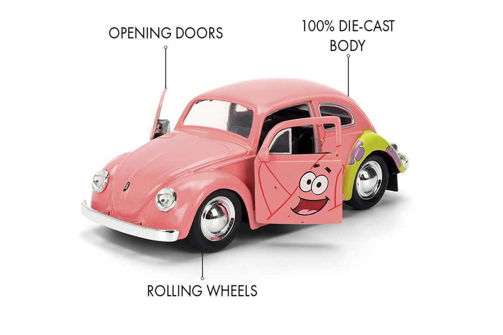 Jada Spongebob Squarepants Patrick Star 1959 VW Beetle - Die-Cast Vehicle Toys - 1:32 Scale, Detailed Exterior, Chrome Accents - Hollywood Rides Series - Ages 8+ - Pink/Green
