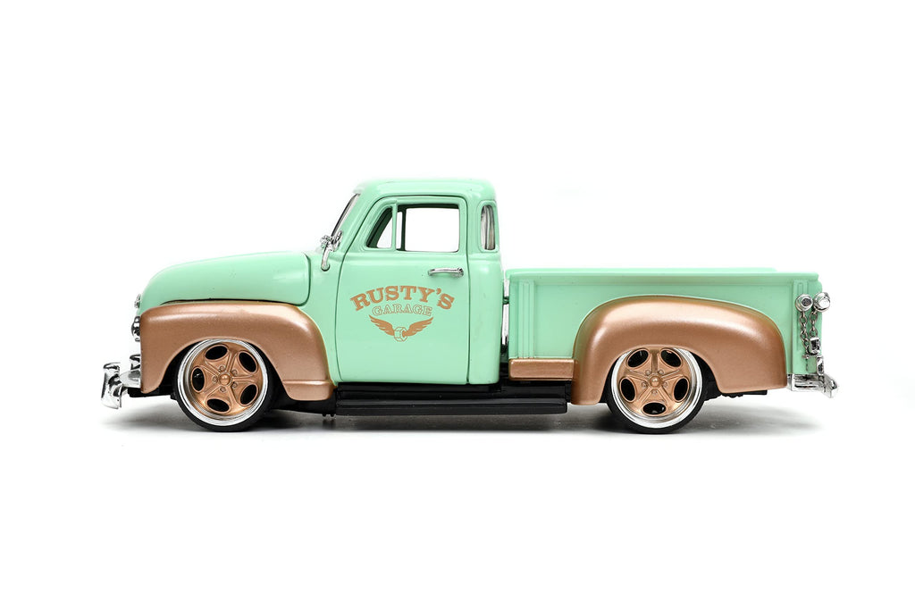 Just Trucks 1:24 1953 Chevy Pickup Rusty's Garage Die-Cast Car & Tire Rack, Toys for Kids and Adults(Light Green)