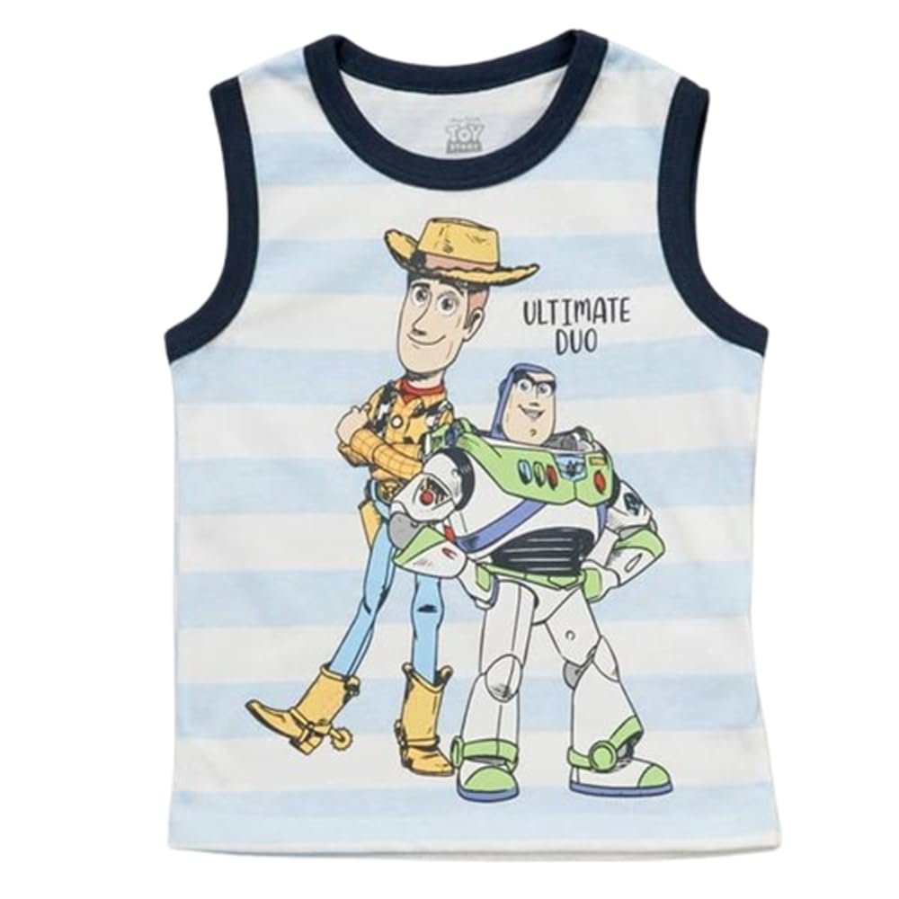 Disney Pixar Toy Story Boys’ Tank Top – Buzz Lightyear & Woody Graphic Shirt – Soft Cotton Blend Toddler & Kids Sleeveless Tee