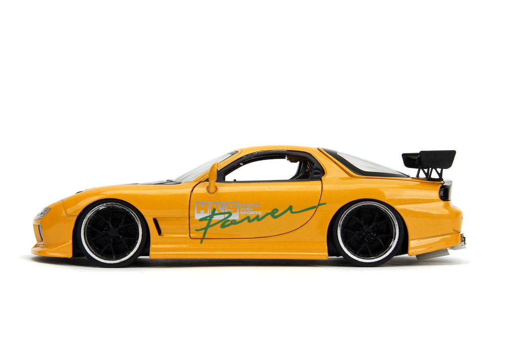 Jada Toys JDM Tuners 1:24 Scale Die-Cast 1993 Mazda RX-7 (FD) HKS, Opening Doors, Detailed Interior, Rubber Tires, Collectible for Ages 8+(Yellow Orange)