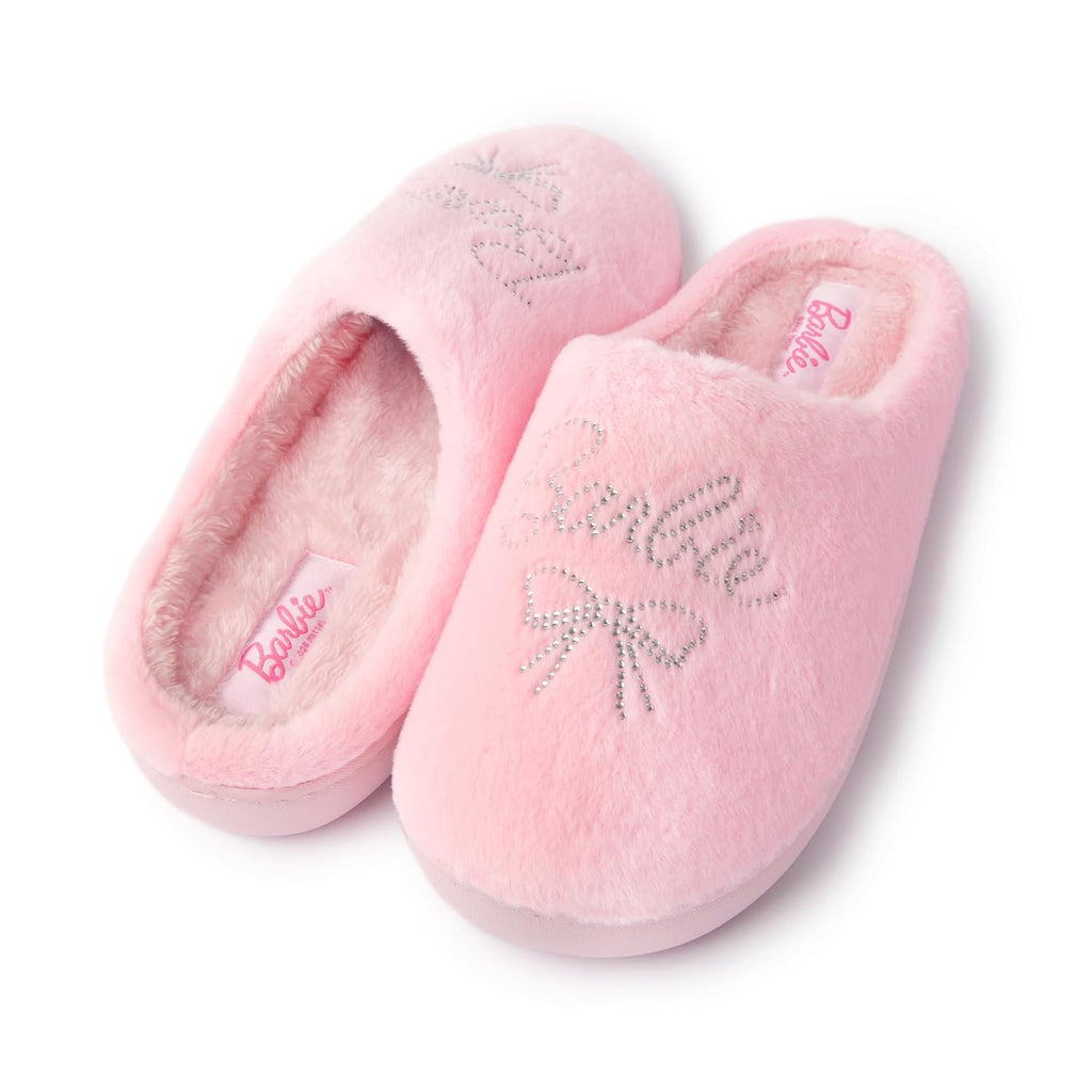 Handcraft Barbie Girls Plush Plaid Clog Slippers with Rhinestone Logo, Pink Candy, 4-5 Big Kid