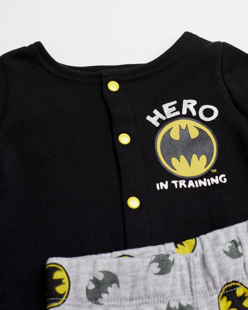 BATMAN Baby Boys Newborn Outfit with Snap Shirt and Baby Footed Pants Baby Clothes (Black/Grey/Yellow, 0-3M)