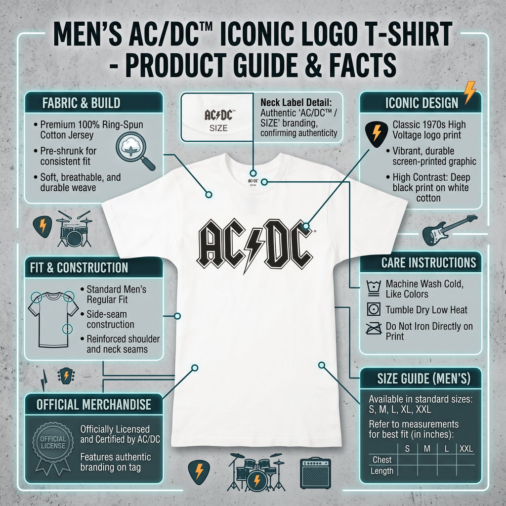 AC/DC Men's Short Sleeve T-Shirt – Classic Rock Band Logo Tee – White
