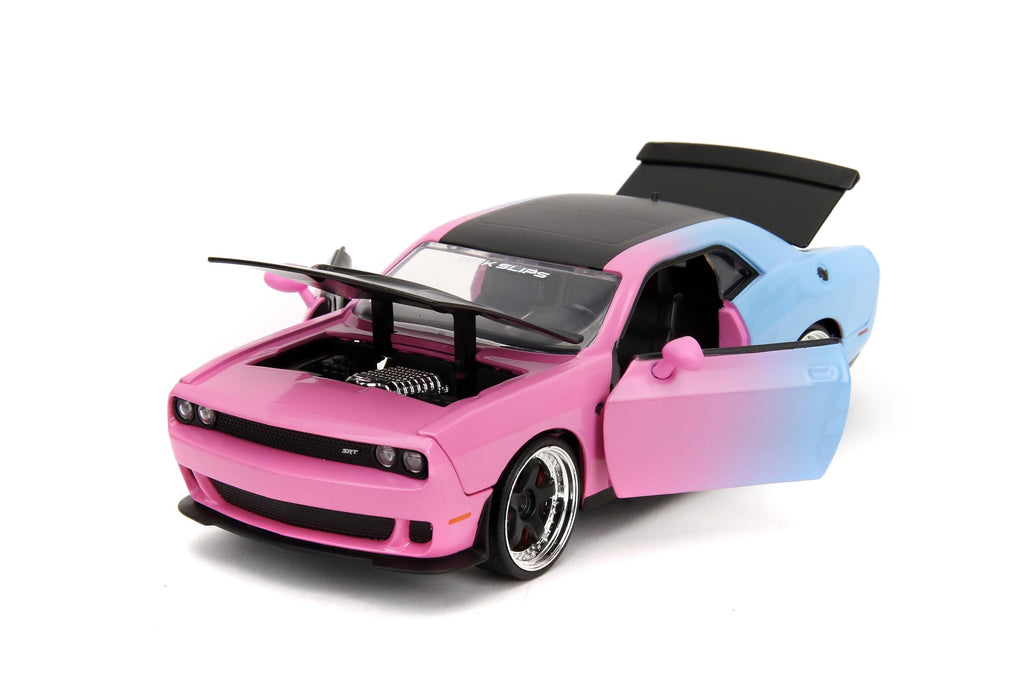 Pink Slips 1:24 W5 2015 Dodge Challenger SRT Hellcat Die-Cast Car w/Base, Toys for Kids and Adults(Pink/Blue Gradient)