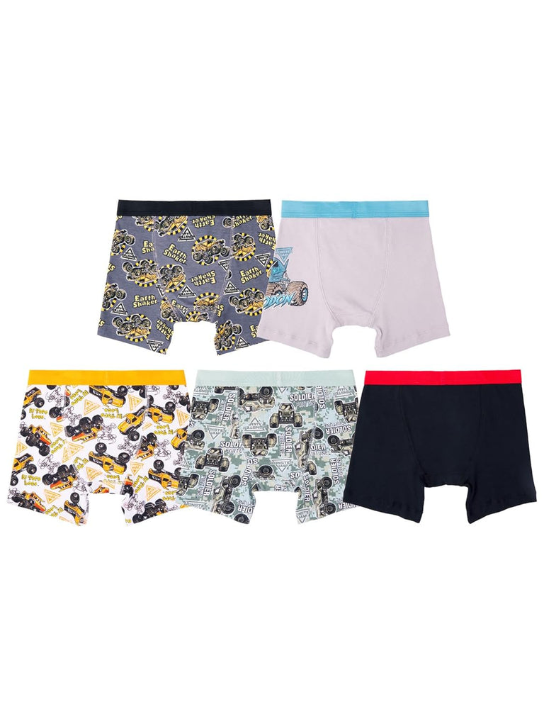 Monster Jam Boys 5-Pack Boxer Briefs, Grave Digger Megalodon Earth Shaker Soldier Fortune, Size 2T