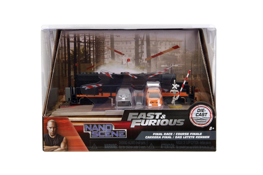 Fast & Furious Final Race Train Nano Scene & 2 1.65" Die-Cast Cars, Toys for Kids and Adults