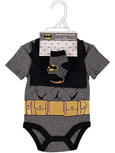 DC Comics Batman Baby Clothes 3-Piece Set with Bodysuit, Baby Hat, and Baby Socks - Batman Baby Gift Set (Black/Yellow, 6-9M)