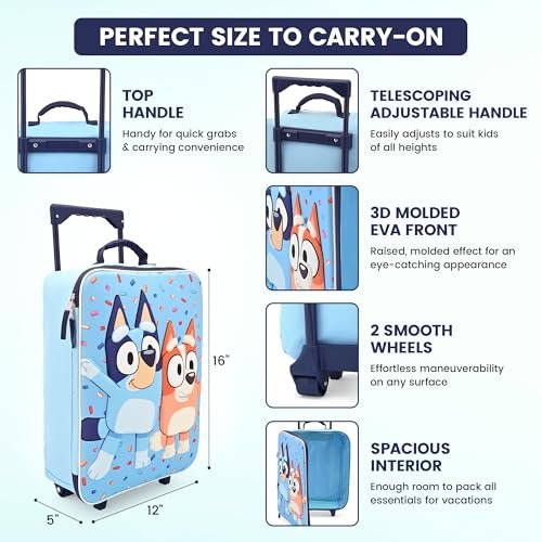 Fast Forward Bluey 16" Soft Luggage - Cute & Durable Carry-On Suitcase for Travel 16X12X5