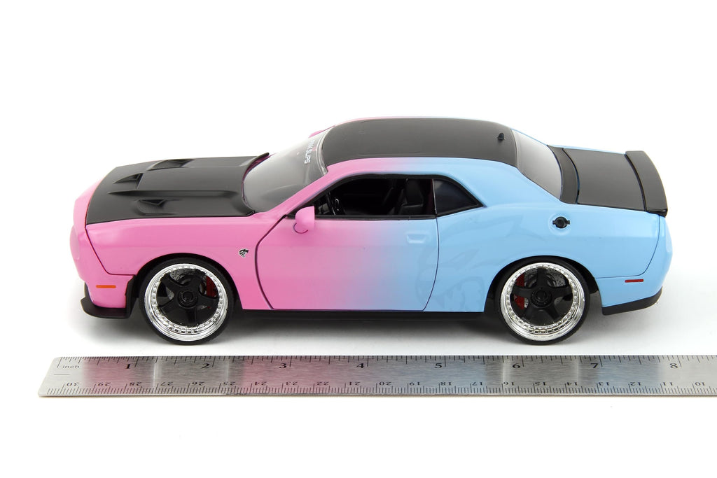 Pink Slips 1:24 W5 2015 Dodge Challenger SRT Hellcat Die-Cast Car w/Base, Toys for Kids and Adults(Pink/Blue Gradient)