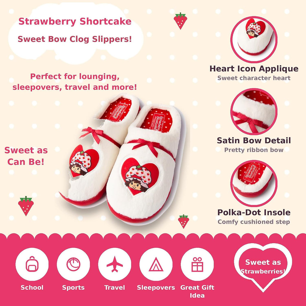 Handcraft Strawberry Shortcake Girls Plush Clog Slippers with Satin Bow and Icon, Cream, 2-3 Big Kid