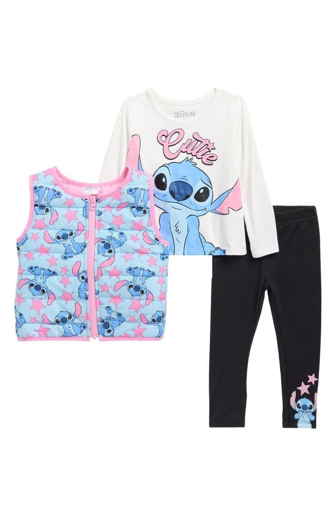 Disney Stitch Girls’ 3-Piece Outfit Set – Puffer Vest, Long Sleeve “Cutie” Top & Leggings – Toddler & Kids Clothing