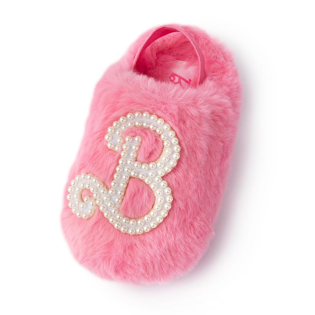 Handcraft Barbie Toddler Girls Faux Fur Clog Slippers with Pearl 'B' Logo, Pink, 9-10 Toddler