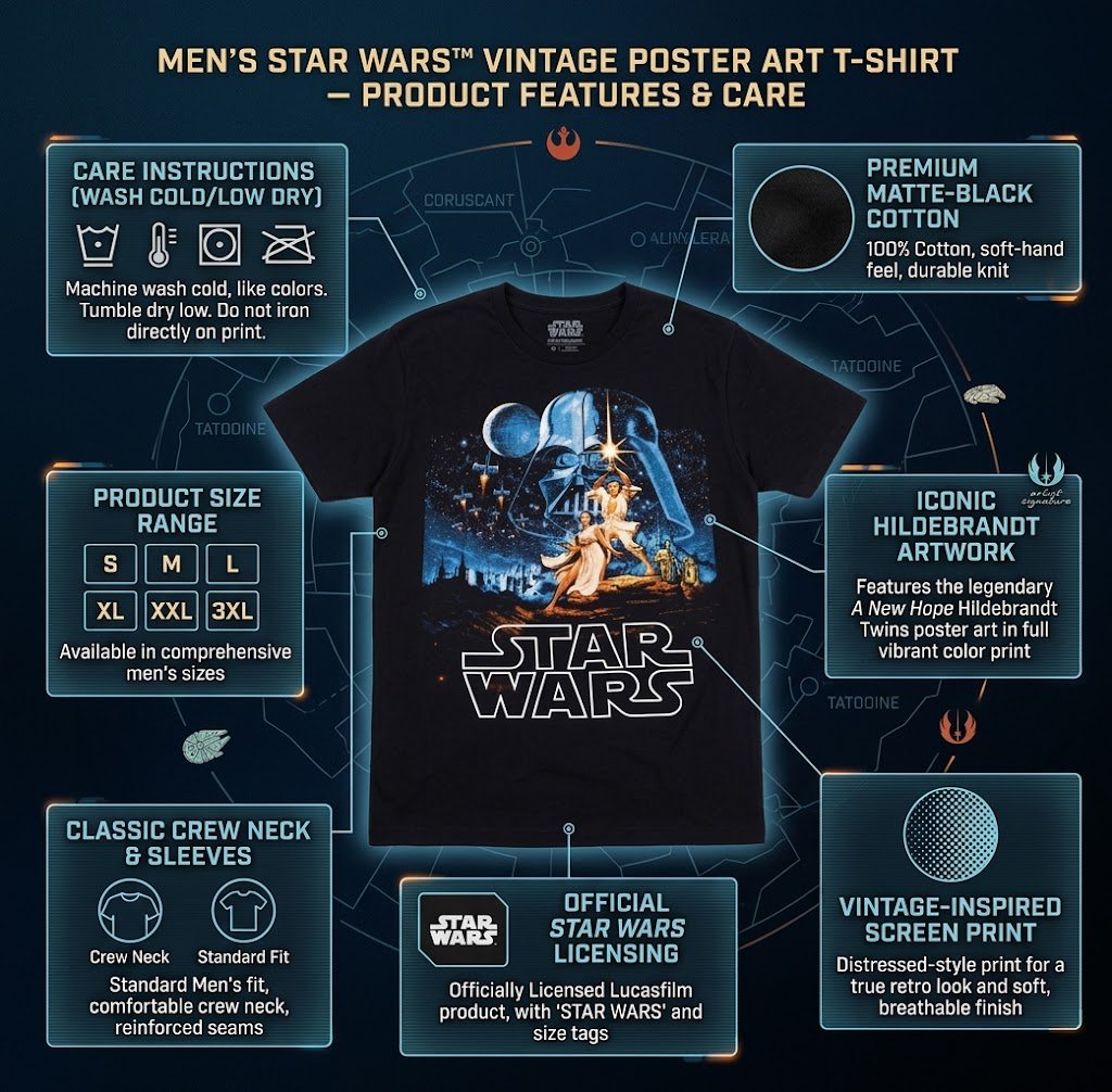 Star Wars Men's Short Sleeve T-Shirt – Original 1977 Movie Poster Tee – Black