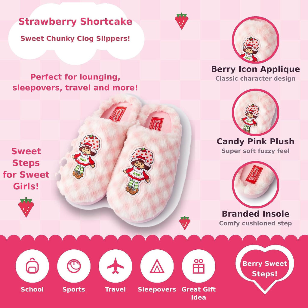 Handcraft Strawberry Shortcake Girls Checkered Plush Clog Slippers with Icon, Pink Candy, 4-5 Big Kid