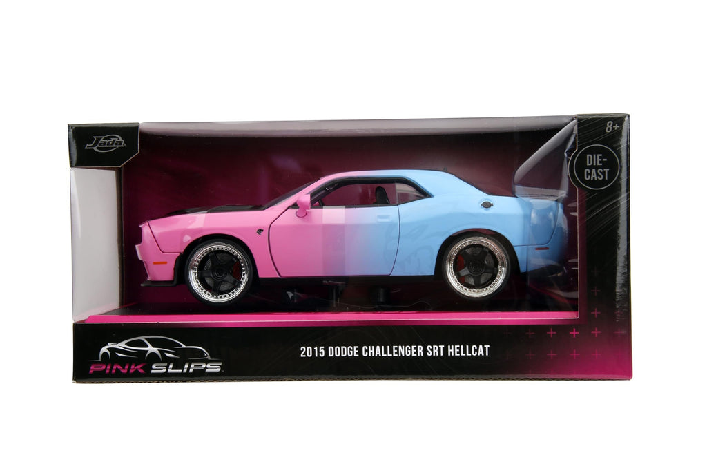 Pink Slips 1:24 W5 2015 Dodge Challenger SRT Hellcat Die-Cast Car w/Base, Toys for Kids and Adults(Pink/Blue Gradient)