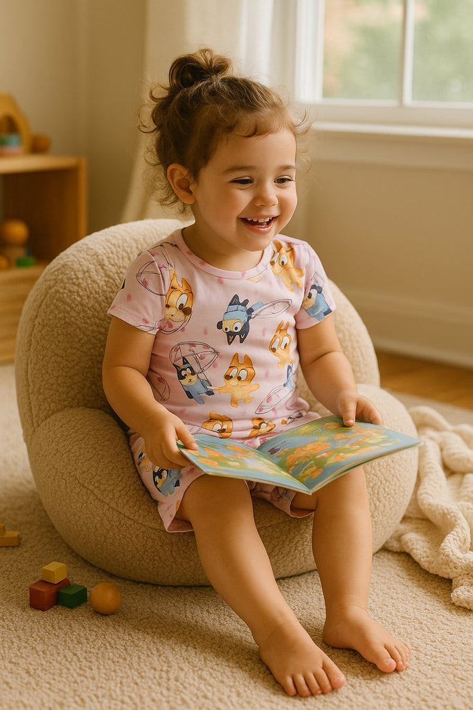 Bluey & Bingo Girls’ 2-Piece Pajama Set – Fun Rain-Themed Top & Biker Shorts – Toddler Sleepwear – Sizes 2T–4T