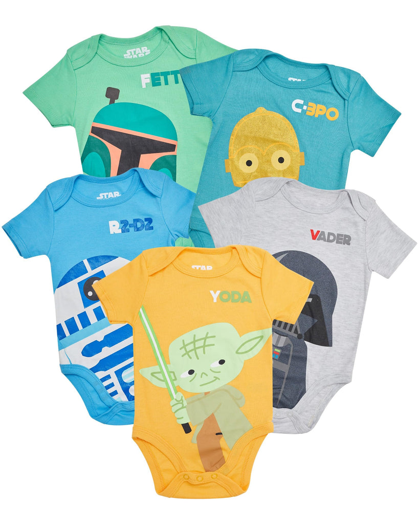 STAR WARS Baby Boys Bodysuit 5-Pack - Baby Bodysuits With Darth Vader, Boba Fett, Yoda, C-3PO, R2-D2 - Baby (6-9M)
