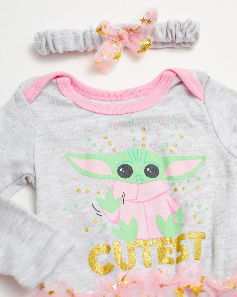 STAR WARS Baby Yoda Newborn Baby Girl Long Sleeve Bodysuit with Tutu and Headband (Grey/Pink/Green, 0-3 Months)