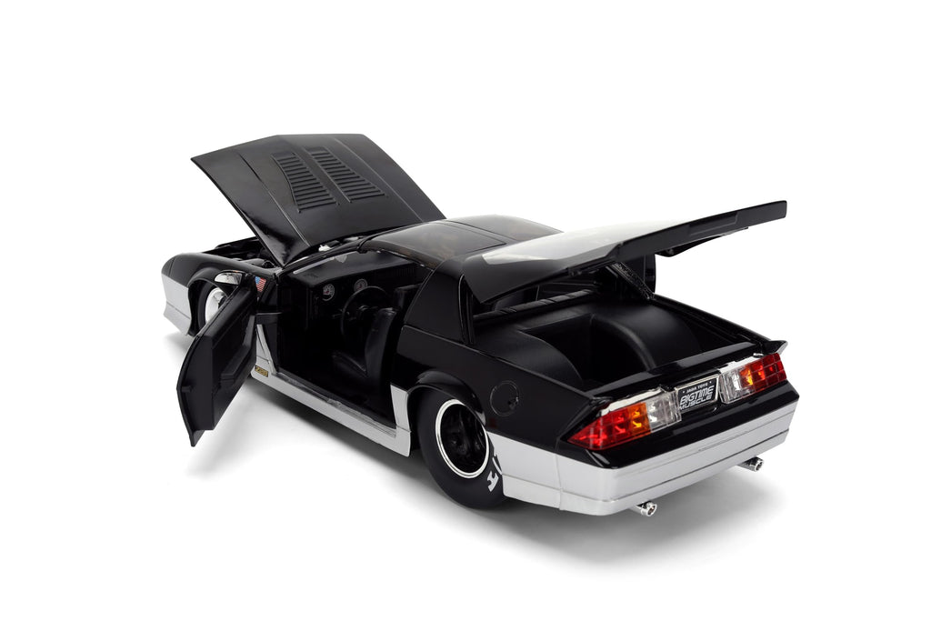Jada Toys Bigtime Muscle 1:24 1985 Chevy Camaro Mickey Thompson Die-cast Car – Opening Doors, Hood, Trunk, Rubber Tires(Glossy Black/Silver)