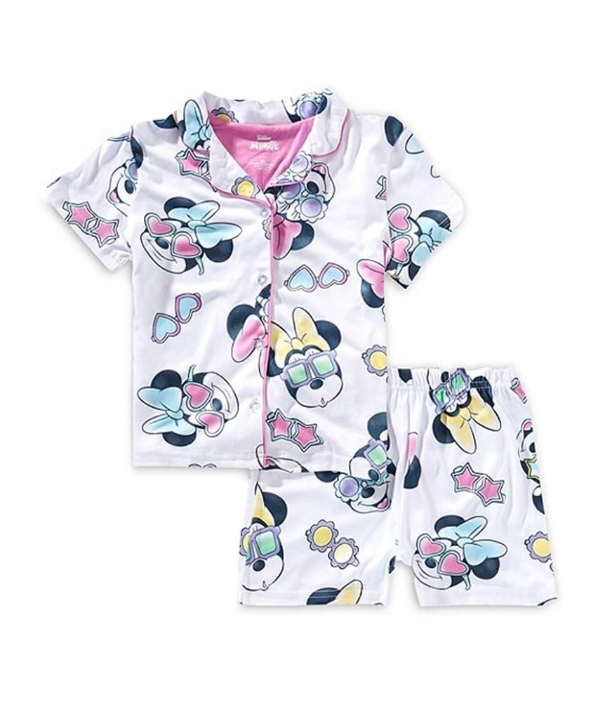 Centric Brands Minnie Mouse Girls’ 2pc Pajama Set – Button-Down Collared Top & Shorts Featuring Minnie in Sunglasses – 2T–4T