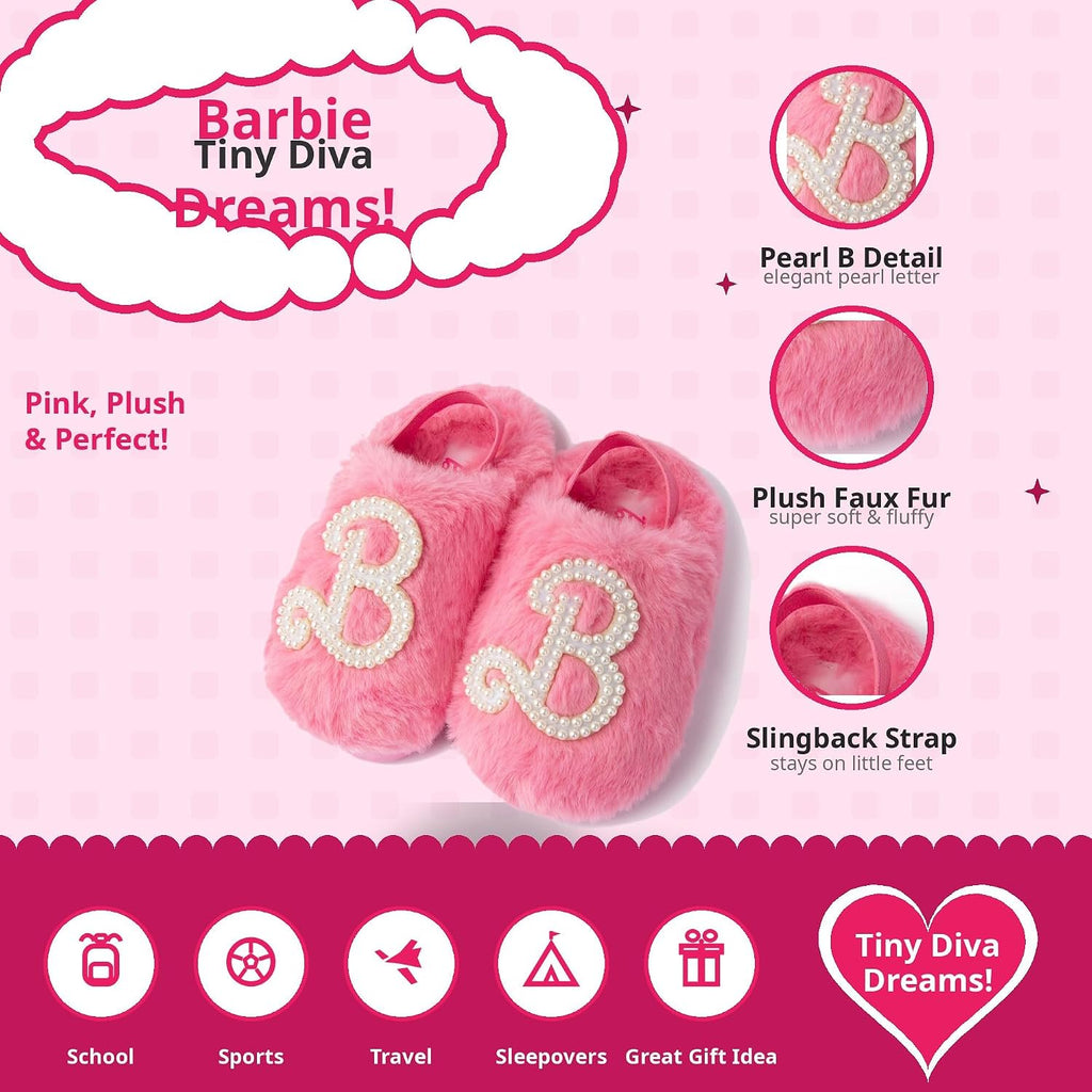 Handcraft Barbie Toddler Girls Faux Fur Clog Slippers with Pearl 'B' Logo, Pink, 9-10 Toddler