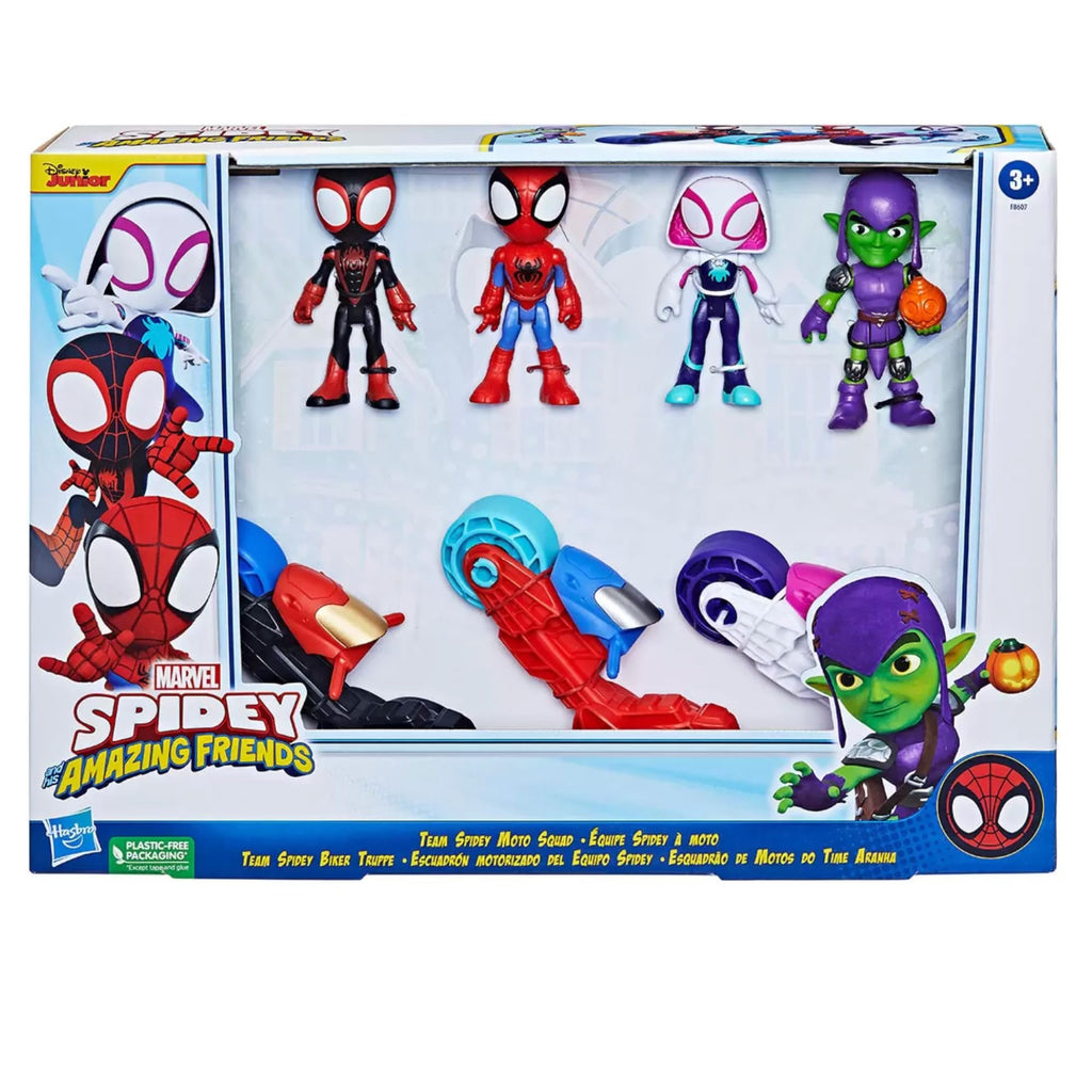 Spidey and his Amazing Friends Motorized Squad of 4 Mini Vehicles with Miles Morales, Green Goblin, Gwen Stacy, Peter Parker - Toy Set for Kids Aged 3+