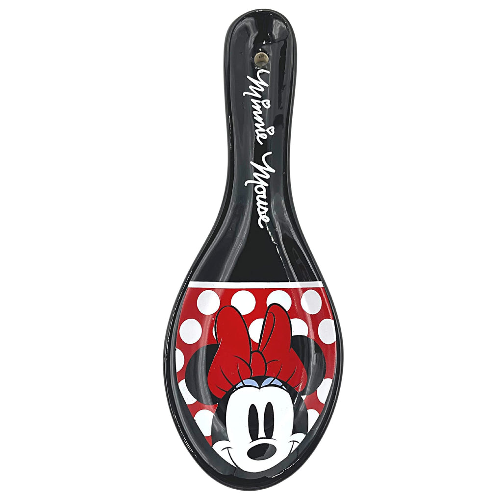 Jerry Leigh Classic Minnie Mouse Face with Polka Dots Ceramic Spoon Rest, Collectible Disney Themed Kitchen Decor Accessories, Fun Utensil Holders for Cooking and Baking, Black, White, Red, 9 inches