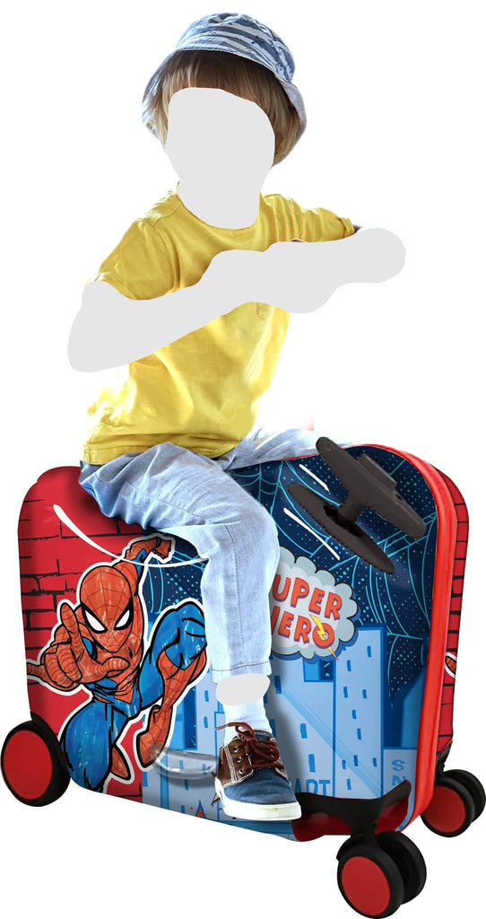 Fast Forward Marvel Spiderman Ride-On Kids Suitcase - 18" Tow-Along Toddler Luggage - Carry-On Cute Bag with Wheels 18"x10"x14.5"