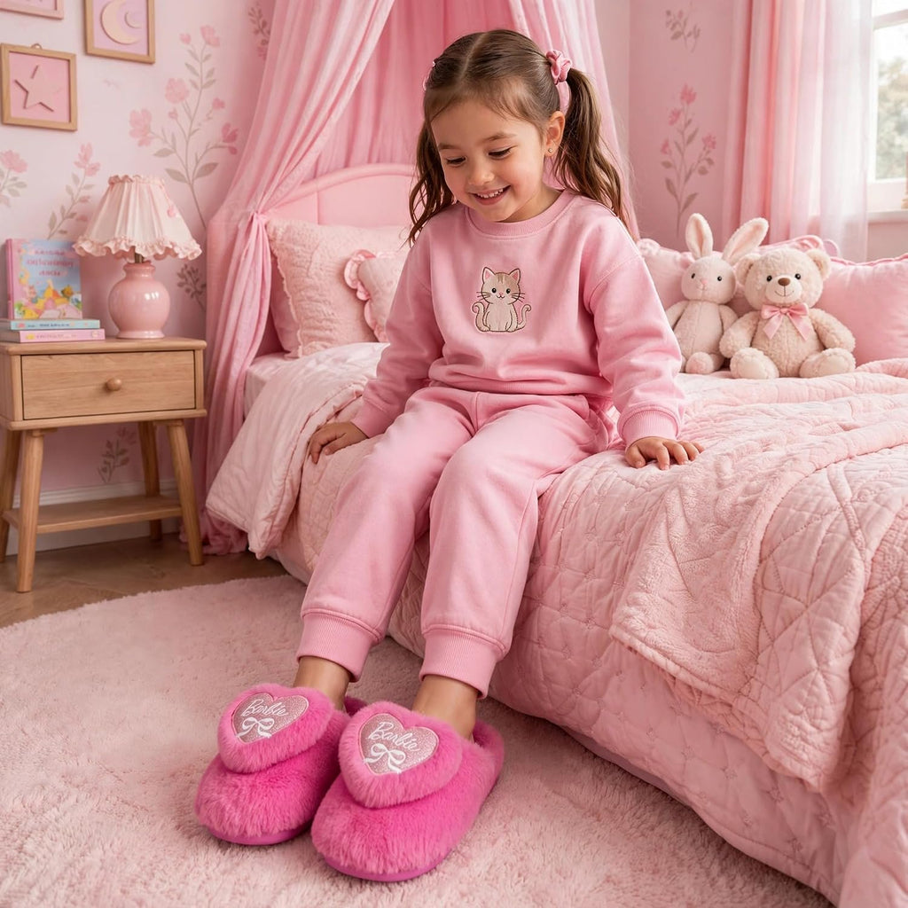 Handcraft Barbie Girls Faux Fur Clog Slippers with 3D Glitter Heart, Pink, 4-5 Big Kid