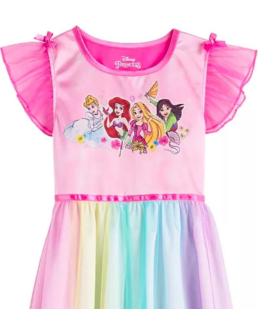 Disney Girls' Fantasy Nightgown Princess Dress Pajama, Rainbow - Princesses, Size 4
