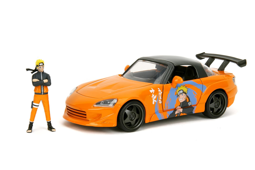 Jada 2001 Honda S2000 with Naruto Figure - Die-Cast Vehicle - 1:24 Scale, Opening Doors, Hood & Trunk, Rubber Tires - Hollywood Rides Anime Series - Ages 8+ - Orange/Black
