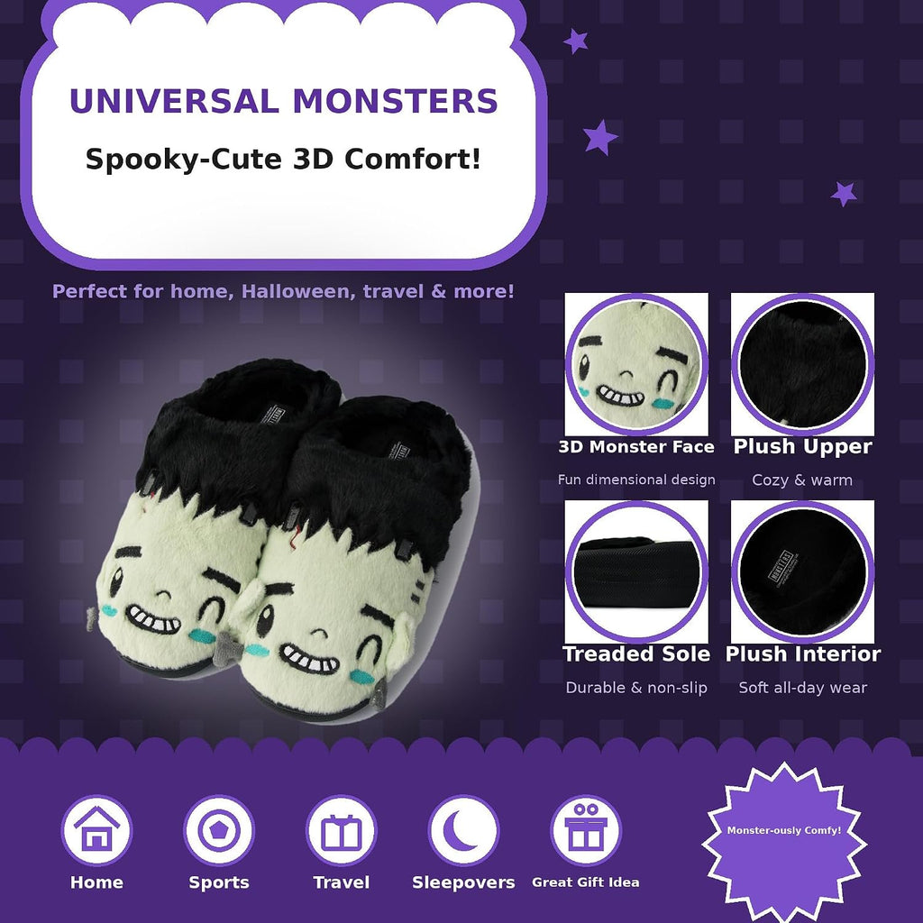 Handcraft Universal Monsters Men's Plush Clog Slippers with 3D Monster Face, Black, Small