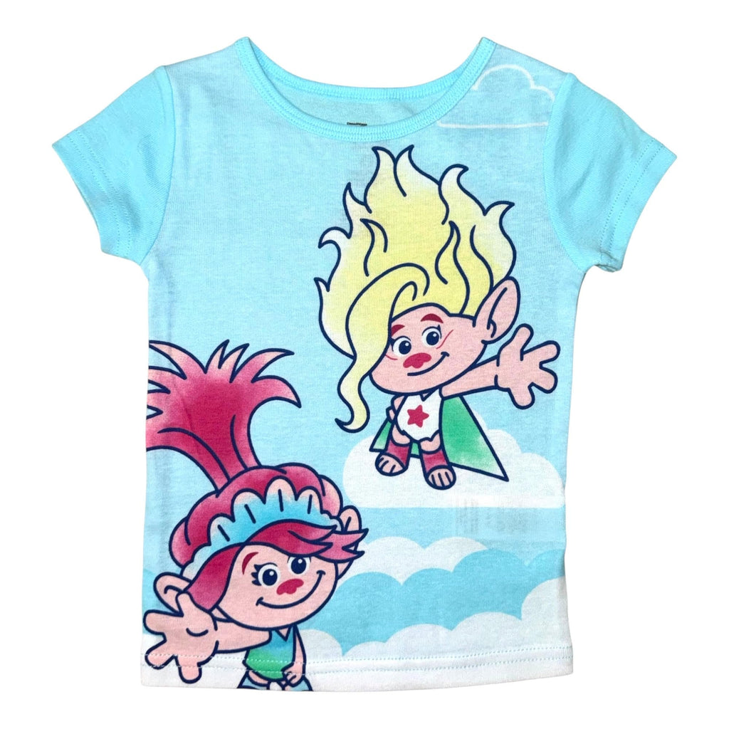 DreamWorks Trolls Girls' 4-Piece Pajama Set – Short Sleeve Tops, Shorts, and Pants – Character Sleepwear, Blue/Pink, 4T