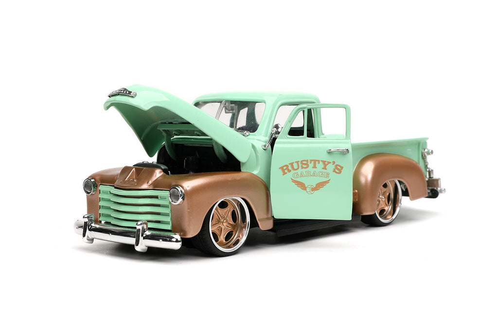 Just Trucks 1:24 1953 Chevy Pickup Rusty's Garage Die-Cast Car & Tire Rack, Toys for Kids and Adults(Light Green)