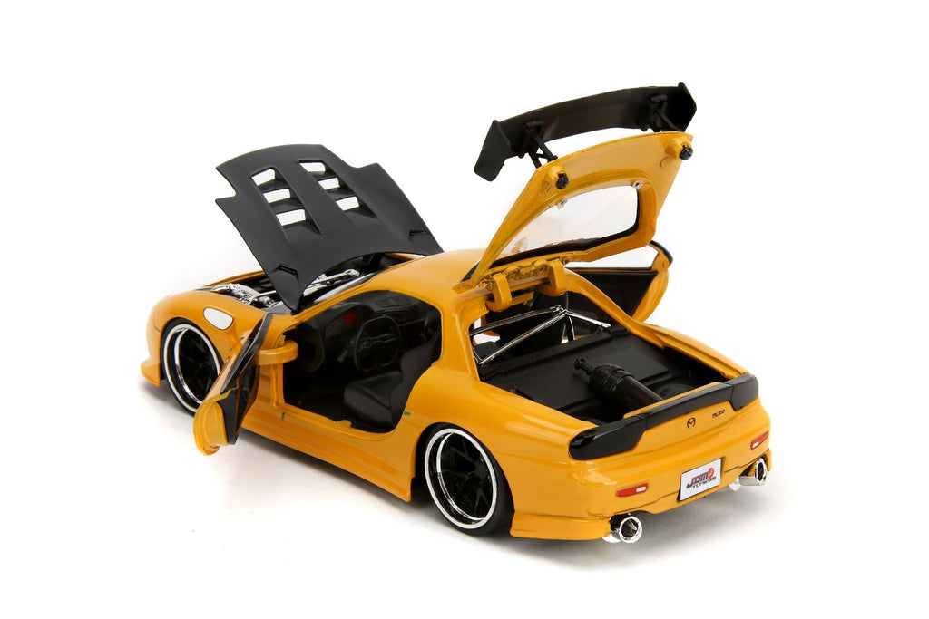 Jada Toys JDM Tuners 1:24 Scale Die-Cast 1993 Mazda RX-7 (FD) HKS, Opening Doors, Detailed Interior, Rubber Tires, Collectible for Ages 8+(Yellow Orange)