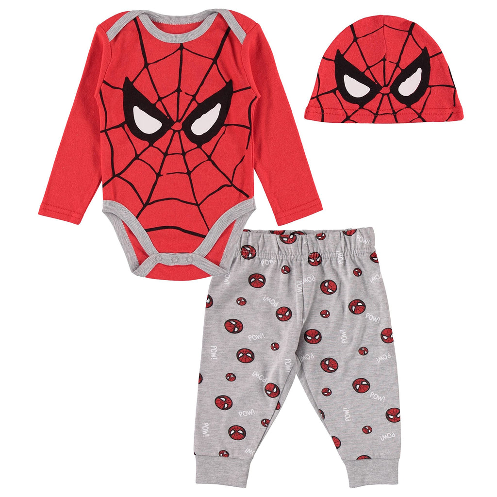 Spiderman Baby Boys Clothing 3-Piece Set with Baby Bodysuit, Pants, and Hat - Marvel Avengers Baby Boy's Outfit (Red/Black/Grey, 3-6 Months)