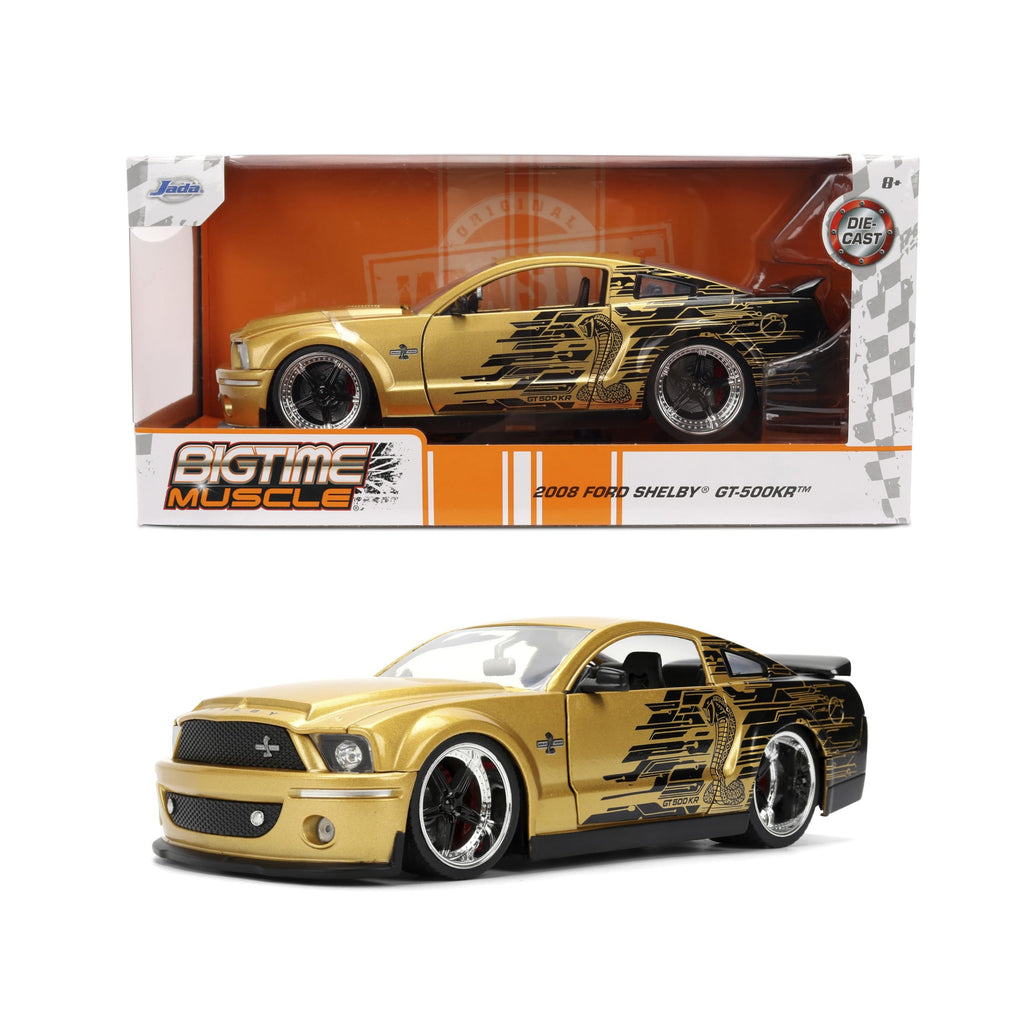 Jada Toys Bigtime Muscle 1:24 2008 Ford Shelby GT-500KR Die-cast Car – Opening Doors, Hood, Trunk, Rubber Tires(Gold Black)
