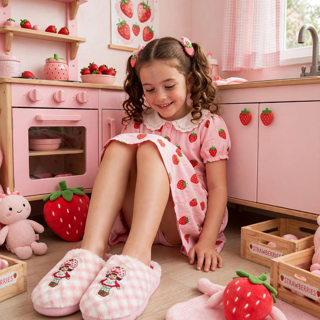 Handcraft Strawberry Shortcake Girls Checkered Plush Clog Slippers with Icon, Pink Candy, 4-5 Big Kid