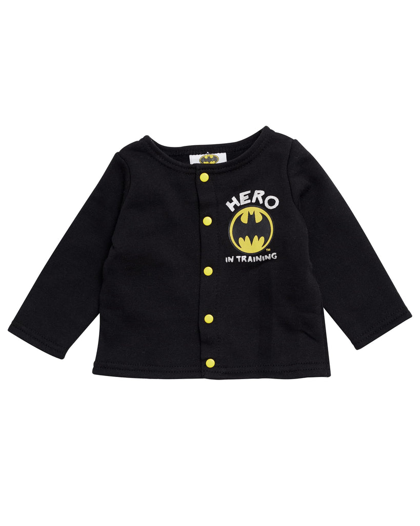 BATMAN Baby Boys Outfit with Snap Shirt and Baby Footed Pants Baby Boy Clothes (Black/Grey/Yellow, 6-9M)