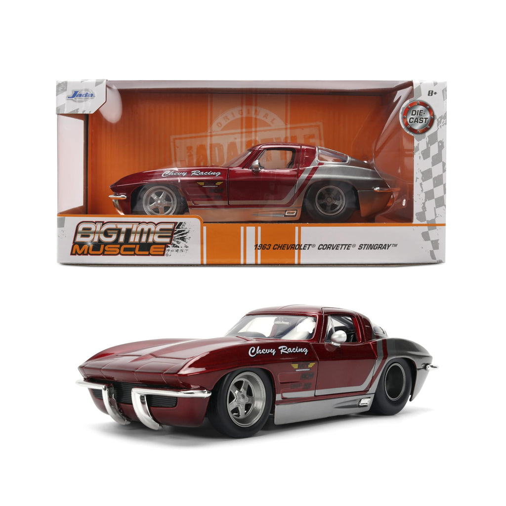 Jada Toys Bigtime Muscle 1:24 1963 Chevy Corvette Die-cast Car – Opening Doors, Hood, Trunk, Rubber Tires(Candy Red/Grey)