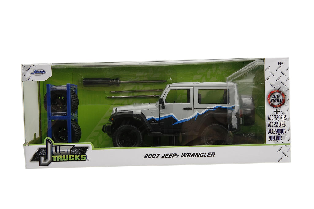 Just Trucks 1:24 2007 Jeep Wrangler Die-Cast Truck w/Tire Rack, Toys for Kids and Adults(Grey/Primer Black)