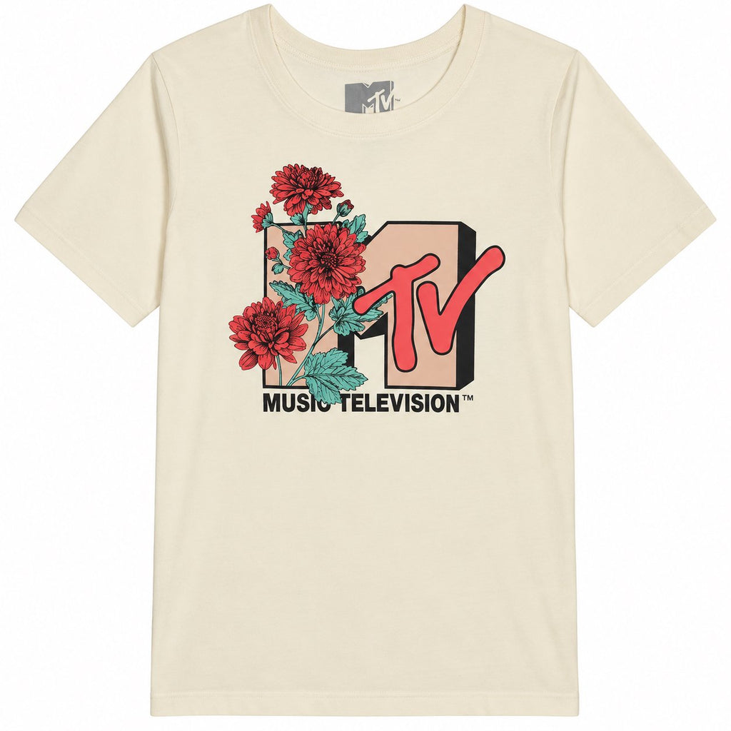 MTV Juniors Short Sleeve Cropped T-Shirt – Floral Logo Crop Tee – Cream