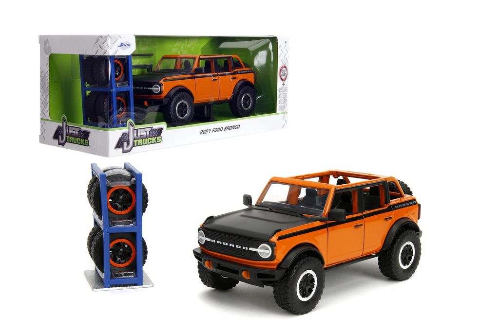 Just Trucks 1:24 2021 Ford Bronco Die-Cast Car & Tire Rack, Toys for Kids and Adults(Orange)