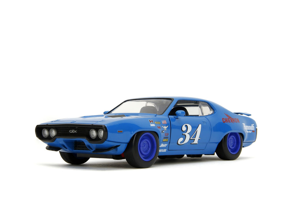 Jada Toys Bigtime Muscle 1:24 1972 Plymouth GTX – Opening Doors, Hood, Trunk, Rubber Tires(Glossy Blue)